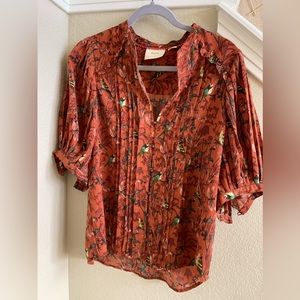 NWT Maeve Anthropologie Liliana Orange Bird Pleated Button Down Blouse Size L